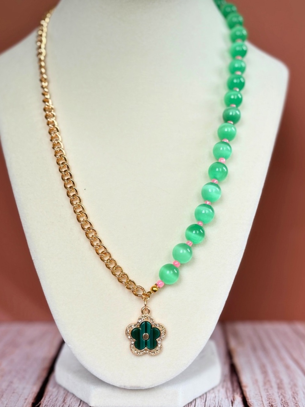 Green Beaded Gold-Chain Clover Pendant Necklace
